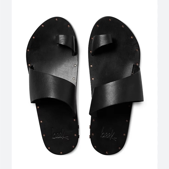 beek Shoes - Beek Finch Handmade Leather Slide Sandals Black Ring Tan Women’s Size 5 NWOT